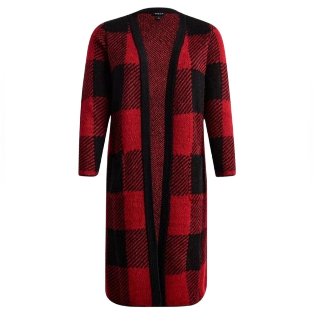 Torrid Plus Red & Black Plaid Jacquard Long Sweater Open Front Cardigan Warm - Picture 3 of 6